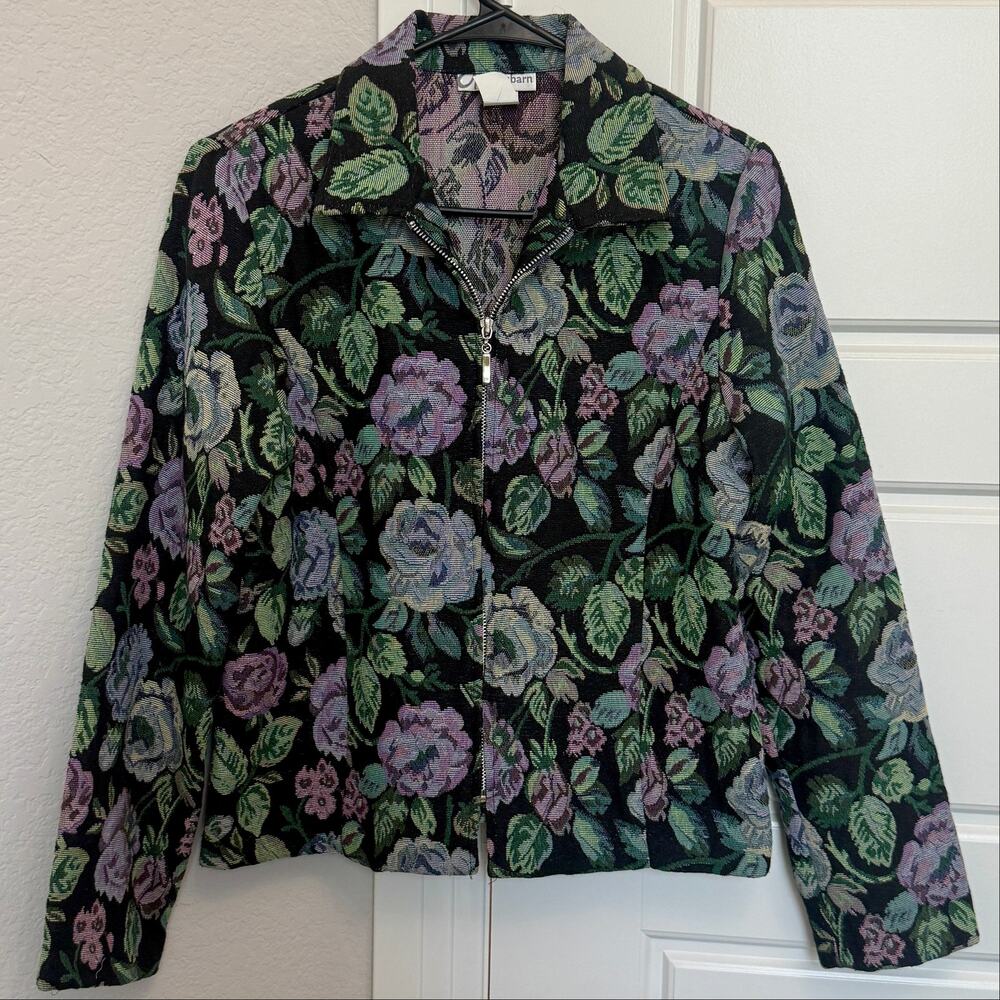 Vintage DressBarn Floral ZipUp Jacket Purple Roses Size Small